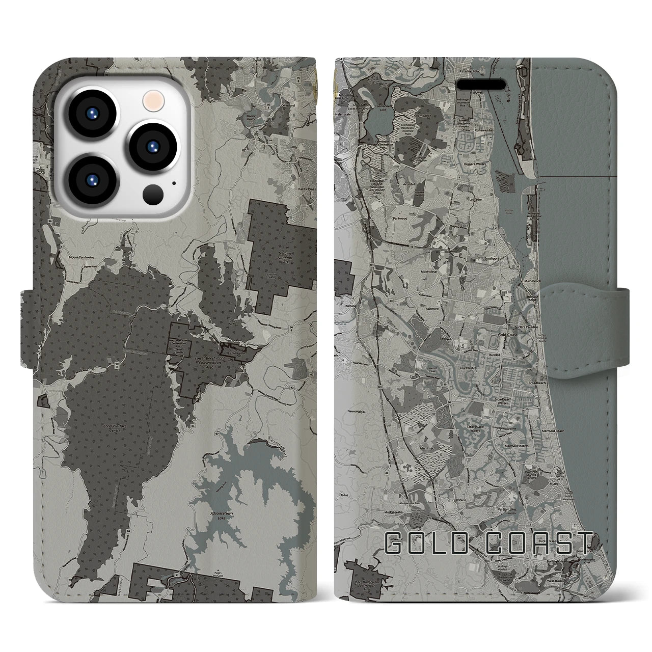 【ゴールドコースト(オーストラリア)】地図柄iPhoneケース(手帳タイプ)モノトーン・iPhone 13 Pro 用