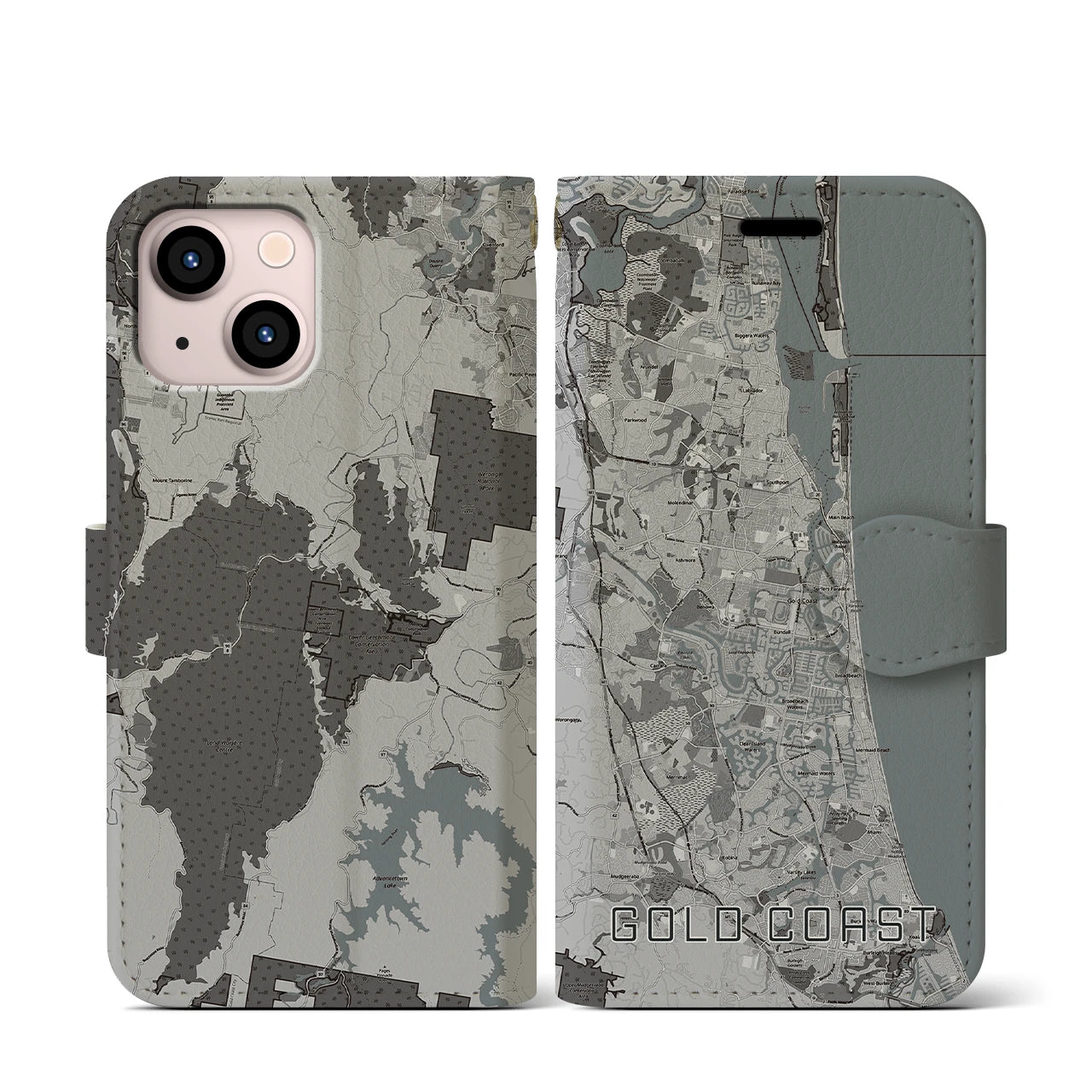 【ゴールドコースト(オーストラリア)】地図柄iPhoneケース(手帳タイプ)モノトーン・iPhone 13 mini 用