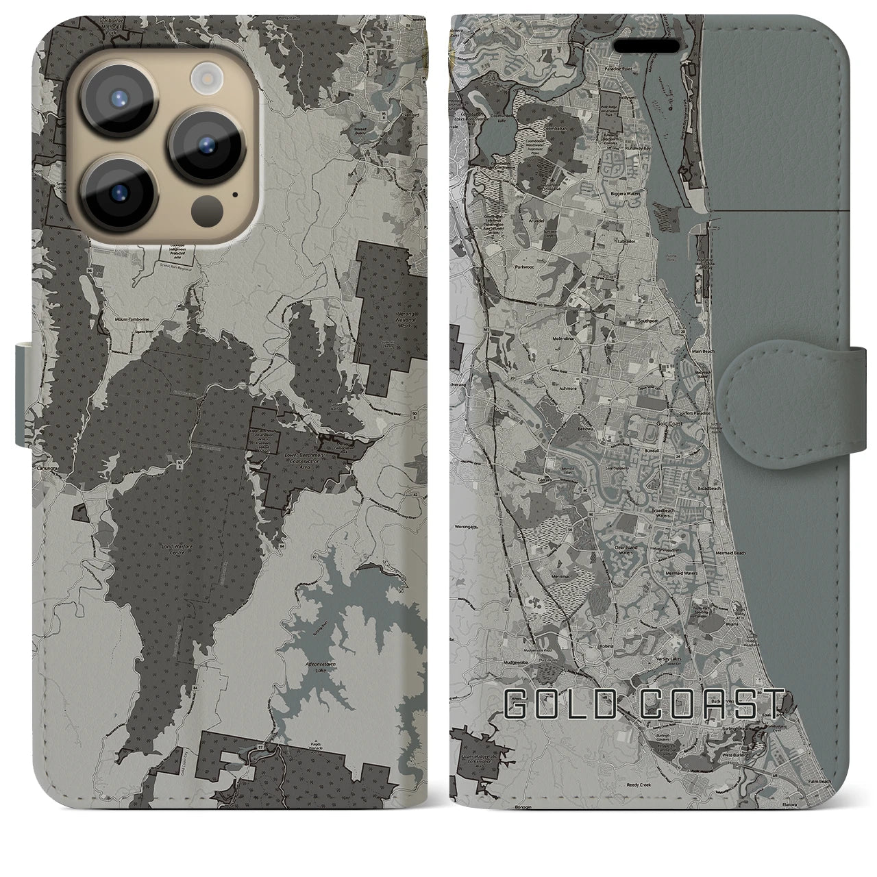 【ゴールドコースト(オーストラリア)】地図柄iPhoneケース(手帳タイプ)モノトーン・iPhone 14 Pro Max 用