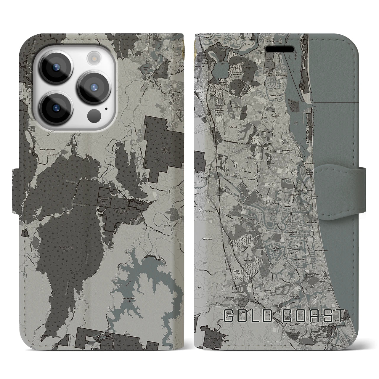 【ゴールドコースト(オーストラリア)】地図柄iPhoneケース(手帳タイプ)モノトーン・iPhone 14 Pro 用