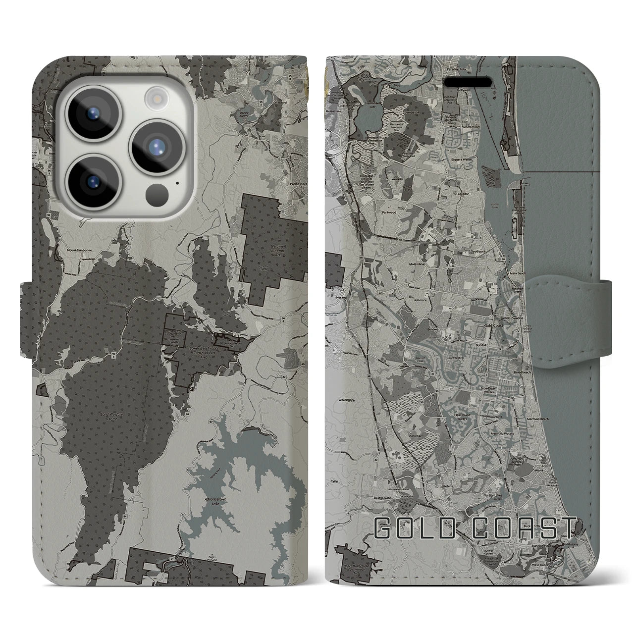 【ゴールドコースト(オーストラリア)】地図柄iPhoneケース(手帳タイプ)モノトーン・iPhone 15 Pro 用