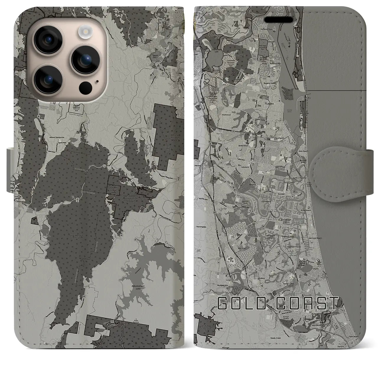 【ゴールドコースト(オーストラリア)】地図柄iPhoneケース(手帳タイプ)モノトーン・iPhone 16 Plus 用
