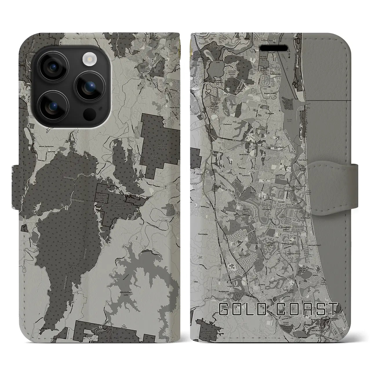 【ゴールドコースト(オーストラリア)】地図柄iPhoneケース(手帳タイプ)モノトーン・iPhone 16 用