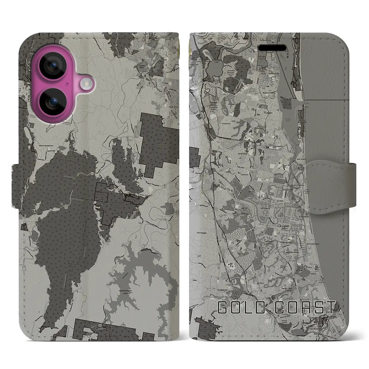 【ゴールドコースト(オーストラリア)】地図柄iPhoneケース(手帳タイプ)モノトーン・iPhone 16 Pro 用