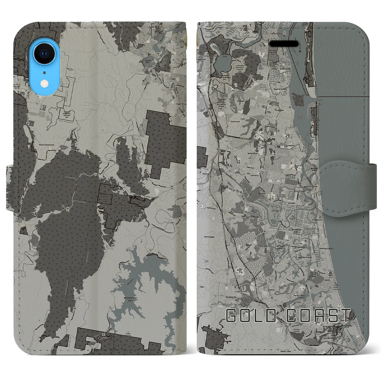 【ゴールドコースト(オーストラリア)】地図柄iPhoneケース(手帳タイプ)モノトーン・iPhone XR 用