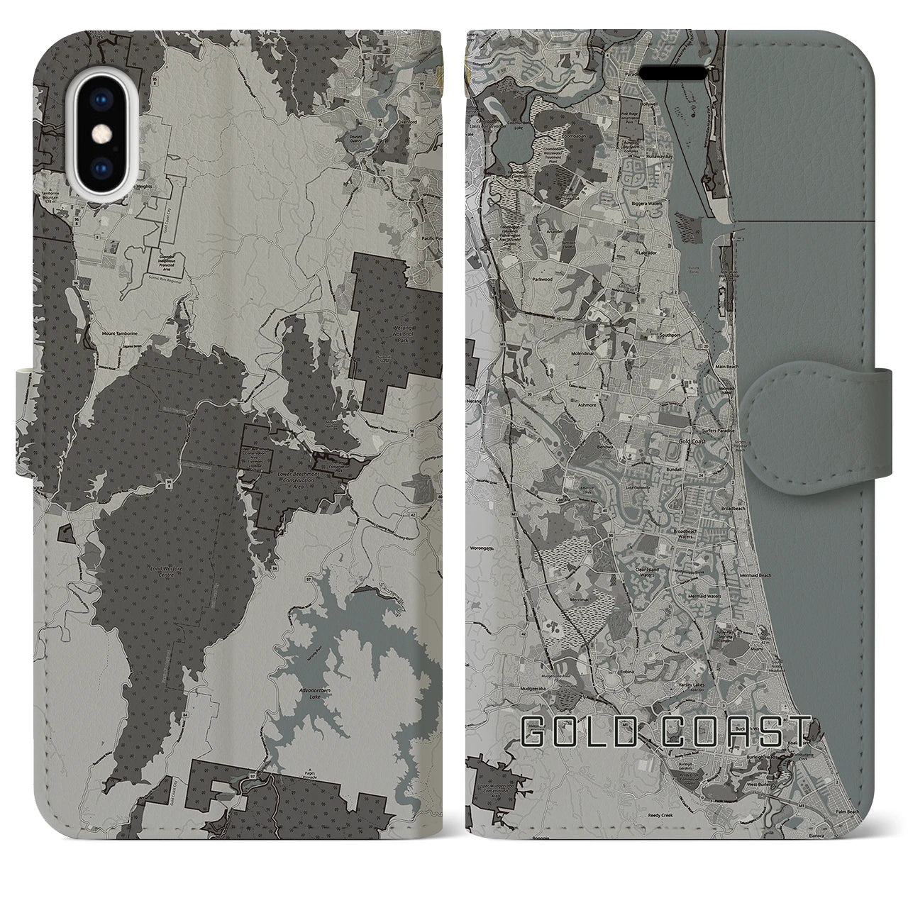 【ゴールドコースト(オーストラリア)】地図柄iPhoneケース(手帳タイプ)モノトーン・iPhone XS Max 用