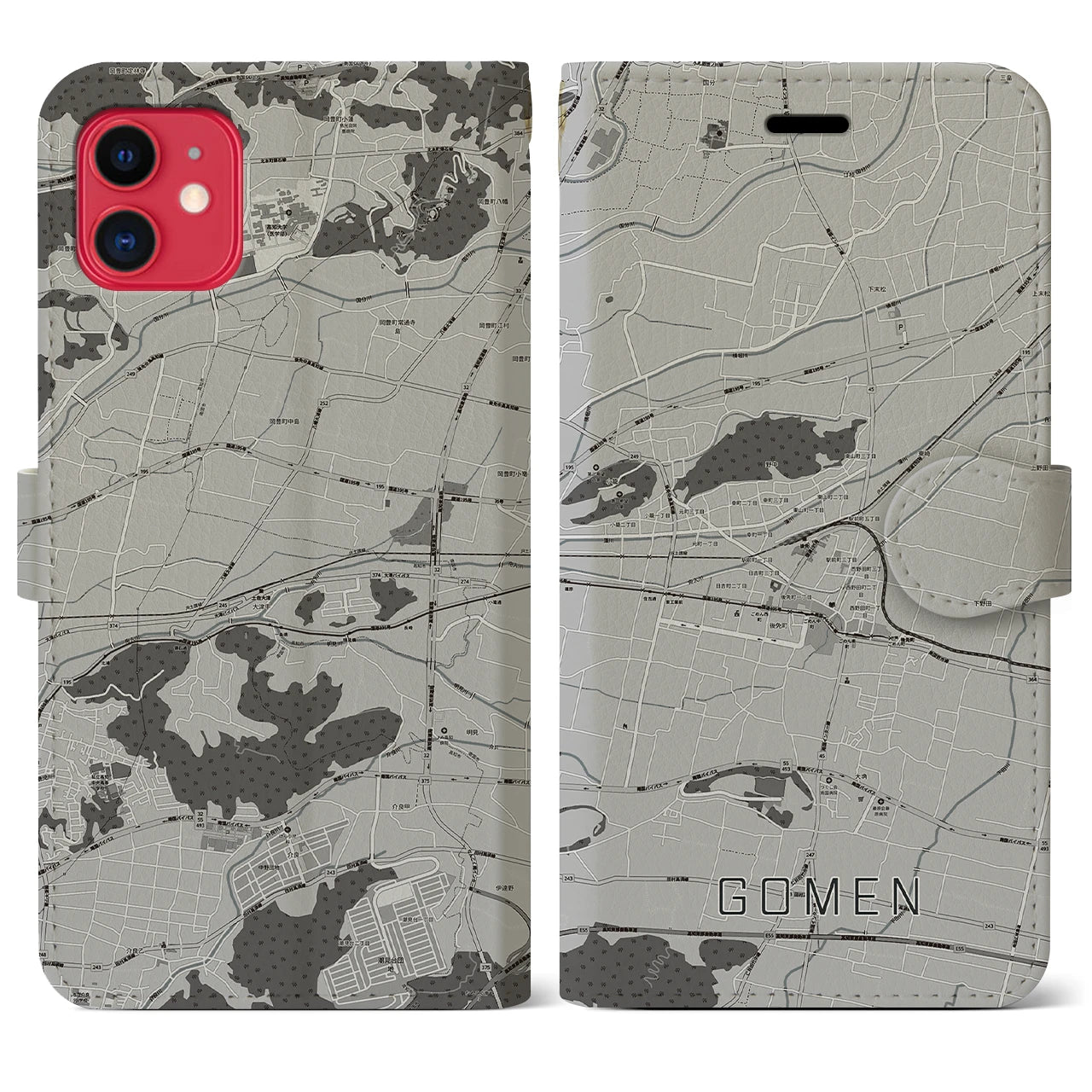 【後免(高知県)】地図柄iPhoneケース(手帳タイプ)モノトーン・iPhone 11 用