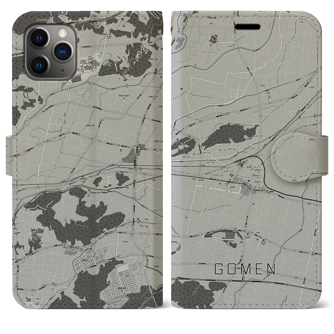 【後免(高知県)】地図柄iPhoneケース(手帳タイプ)モノトーン・iPhone 11 Pro Max 用