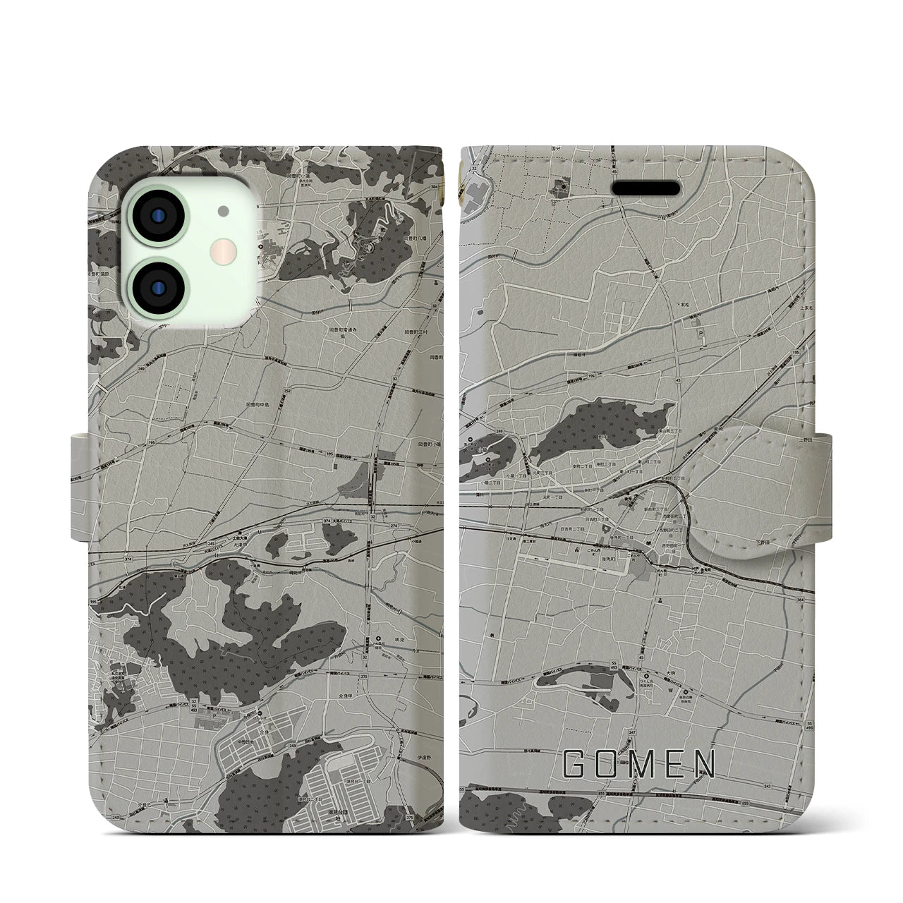 【後免(高知県)】地図柄iPhoneケース(手帳タイプ)モノトーン・iPhone 12 mini 用