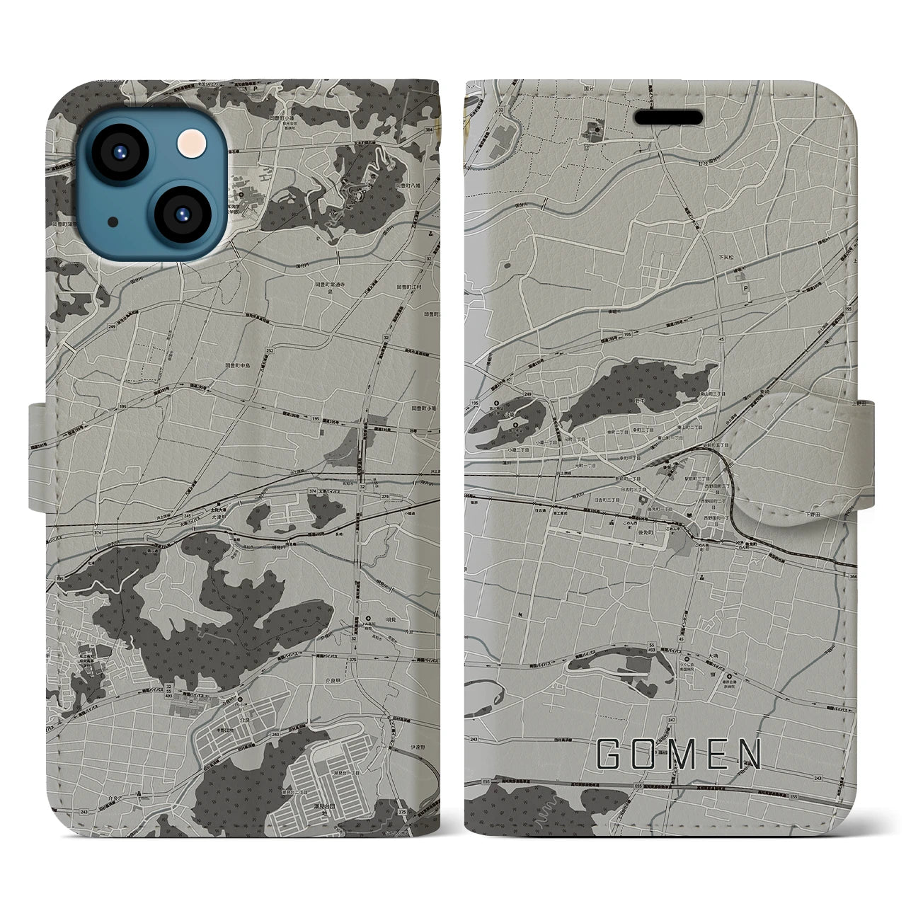 【後免(高知県)】地図柄iPhoneケース(手帳タイプ)モノトーン・iPhone 13 用