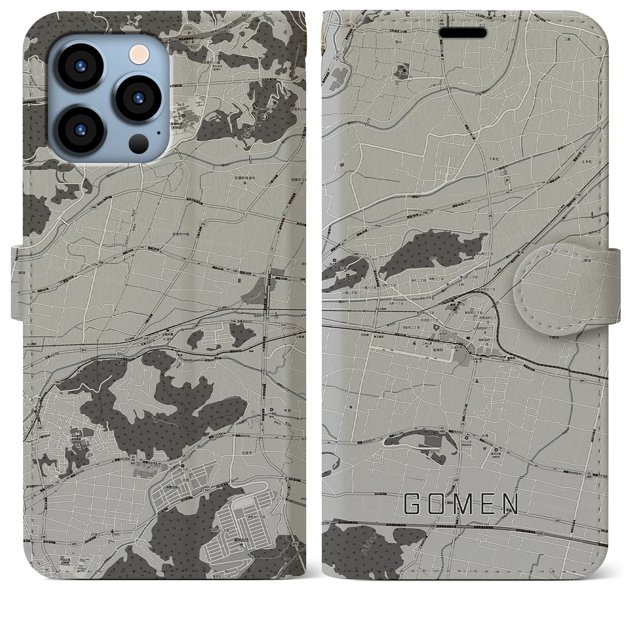 【後免(高知県)】地図柄iPhoneケース(手帳タイプ)モノトーン・iPhone 13 Pro Max 用