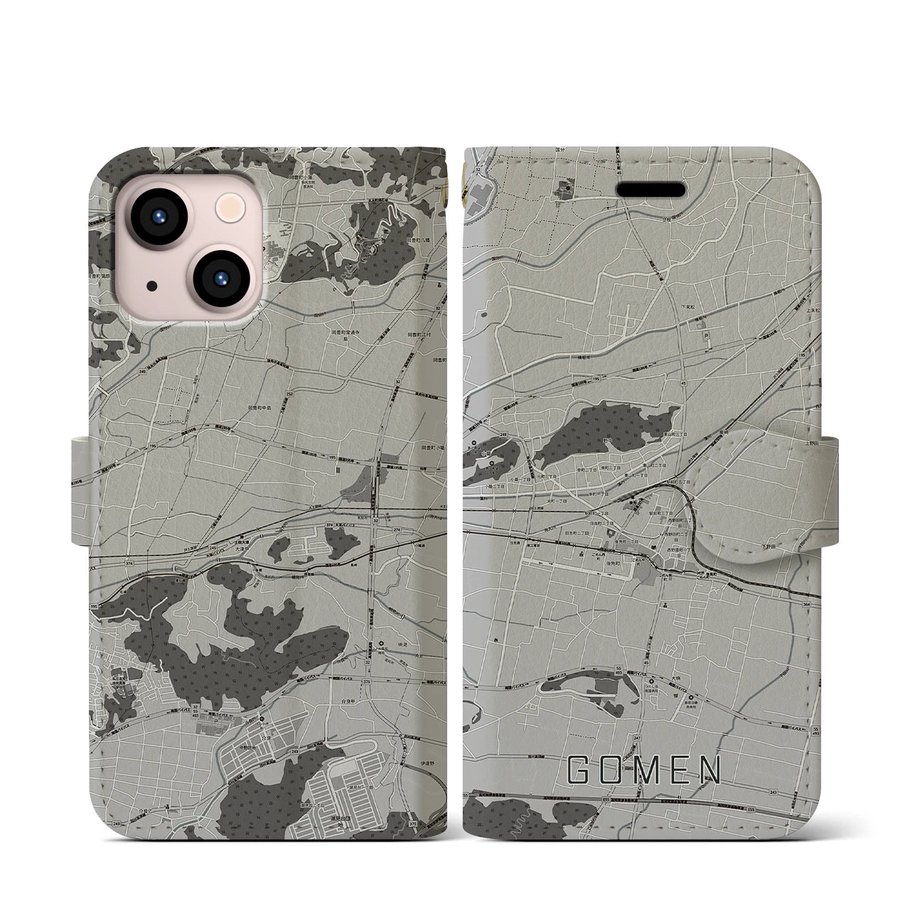 【後免(高知県)】地図柄iPhoneケース(手帳タイプ)モノトーン・iPhone 13 mini 用
