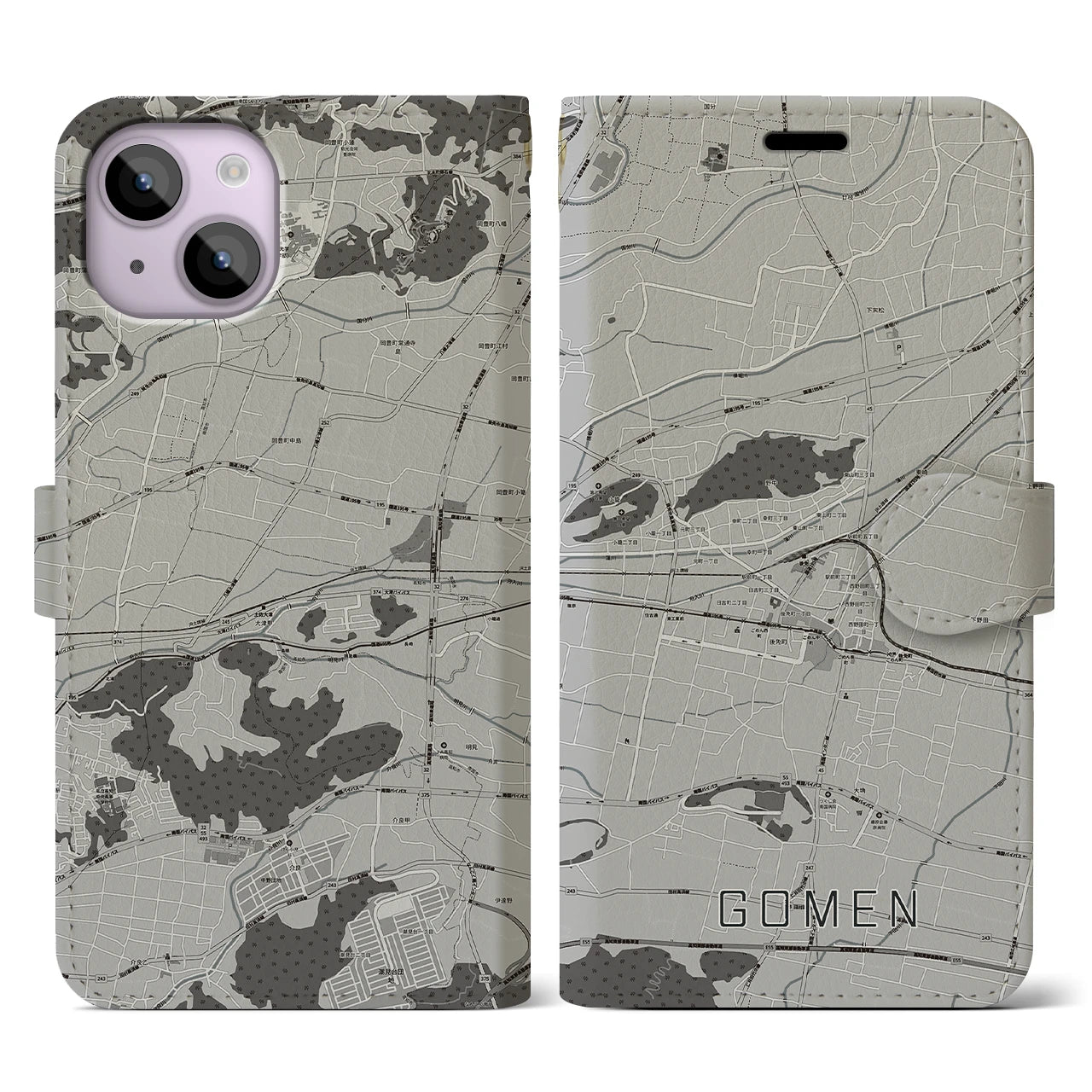 【後免(高知県)】地図柄iPhoneケース(手帳タイプ)モノトーン・iPhone 14 用