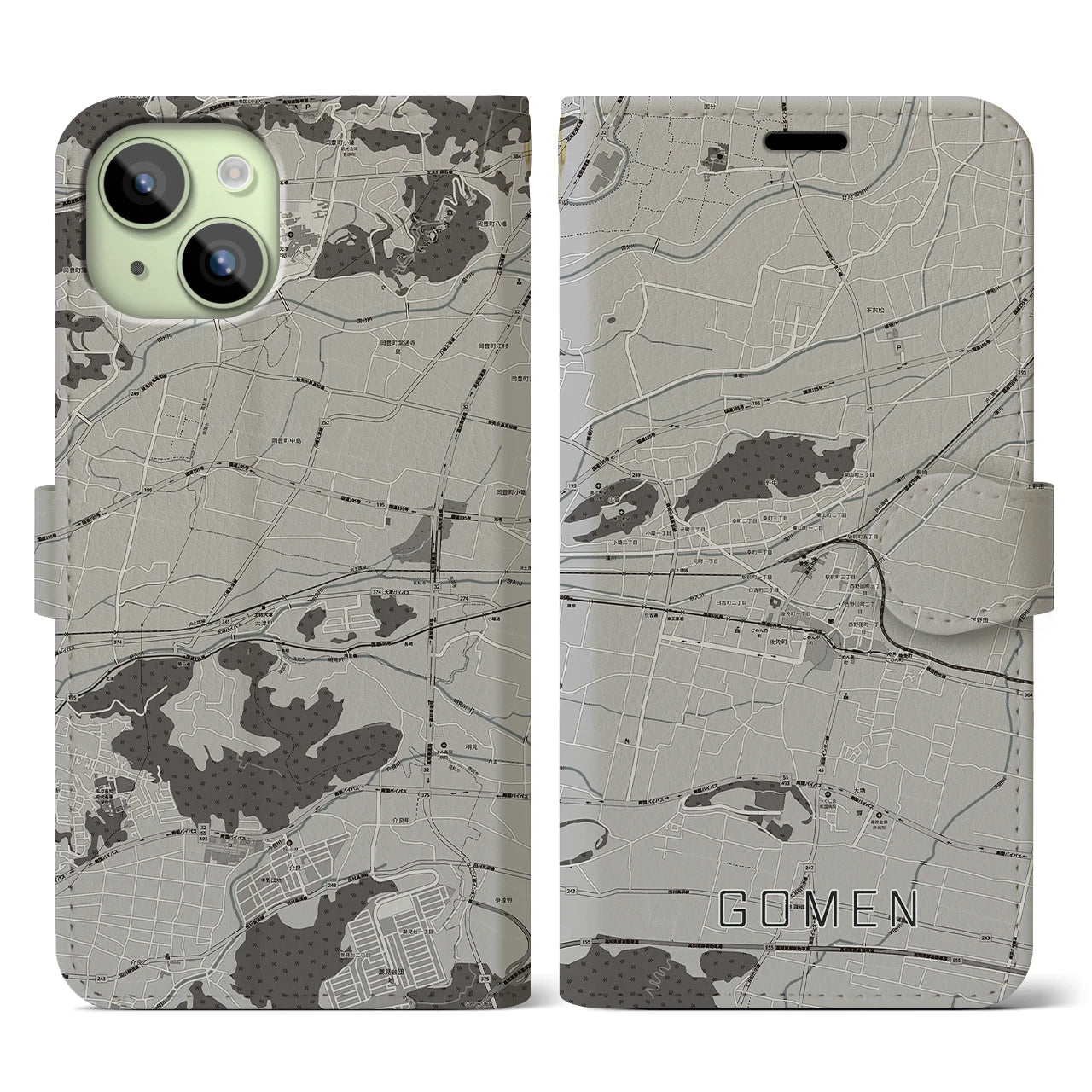 【後免(高知県)】地図柄iPhoneケース(手帳タイプ)モノトーン・iPhone 15 用