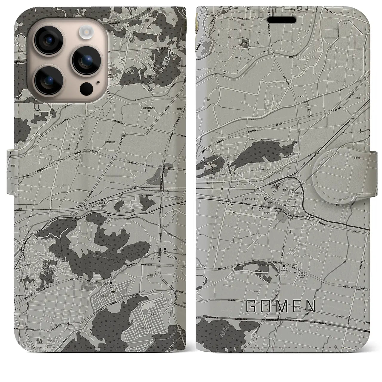 【後免(高知県)】地図柄iPhoneケース(手帳タイプ)モノトーン・iPhone 16 Plus 用