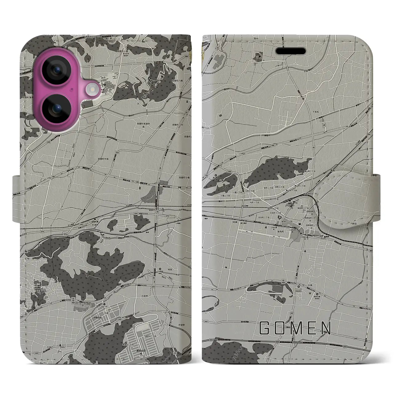 【後免(高知県)】地図柄iPhoneケース(手帳タイプ)モノトーン・iPhone 16 Pro 用