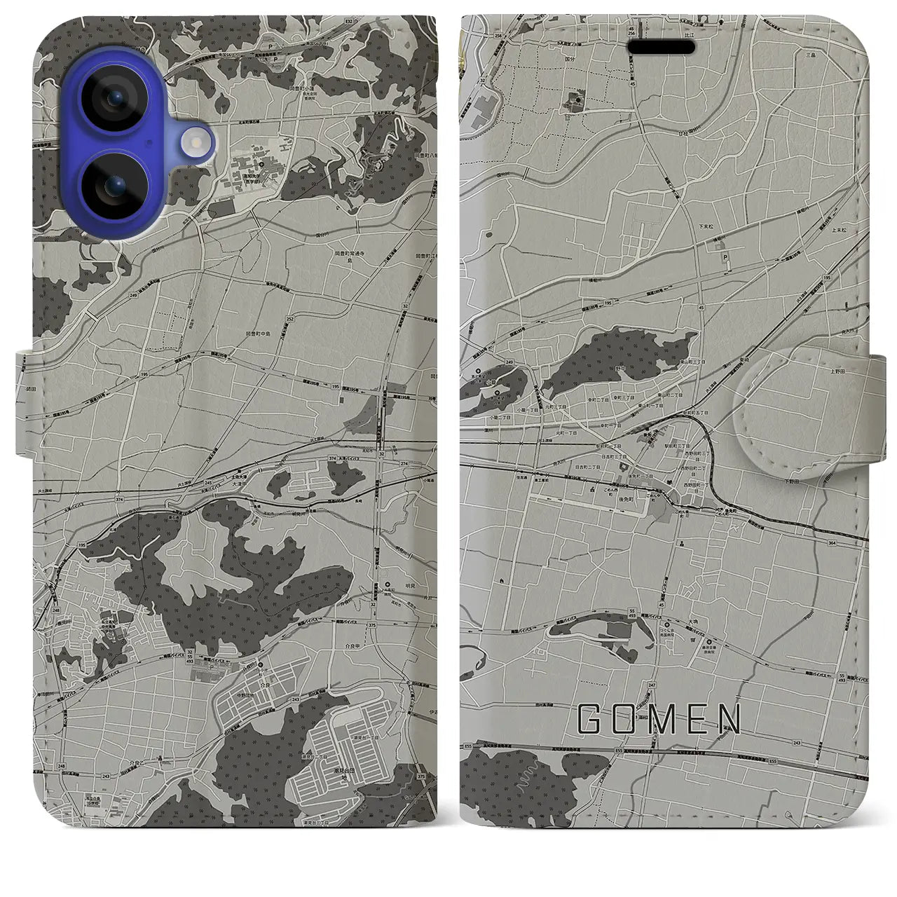 【後免(高知県)】地図柄iPhoneケース(手帳タイプ)モノトーン・iPhone 16 Pro Max 用
