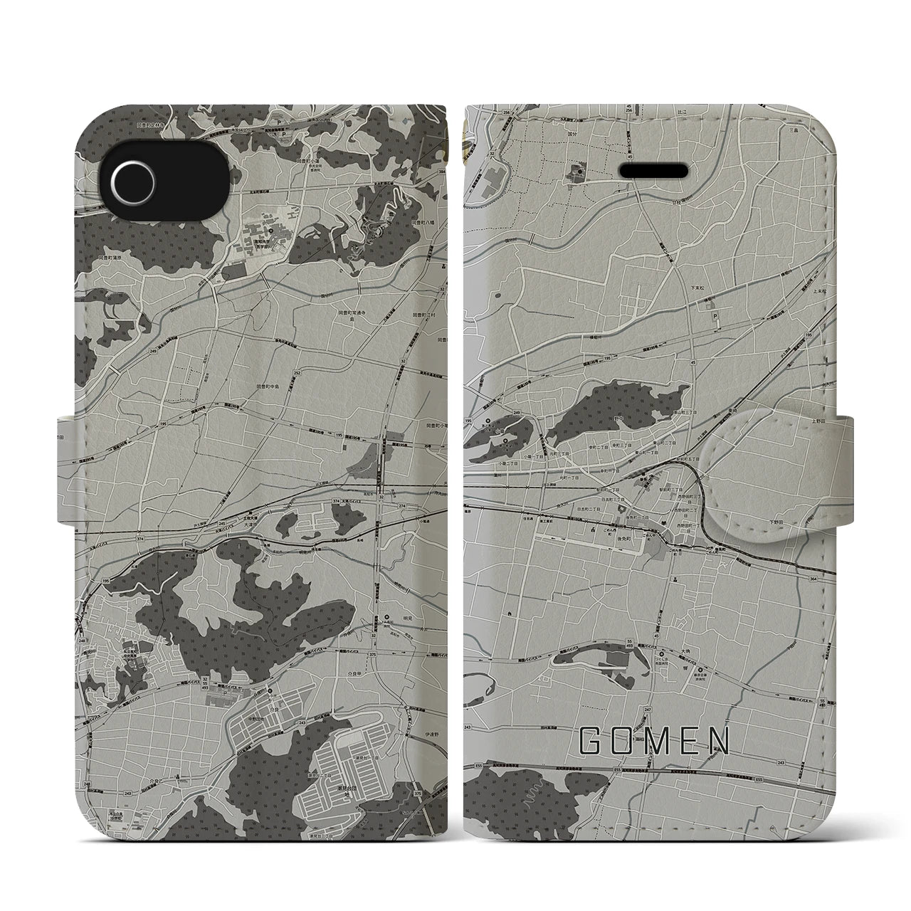 【後免(高知県)】地図柄iPhoneケース(手帳タイプ)モノトーン・iPhone SE(第3 / 第2世代) / 8 / 7 / 6s / 6 用
