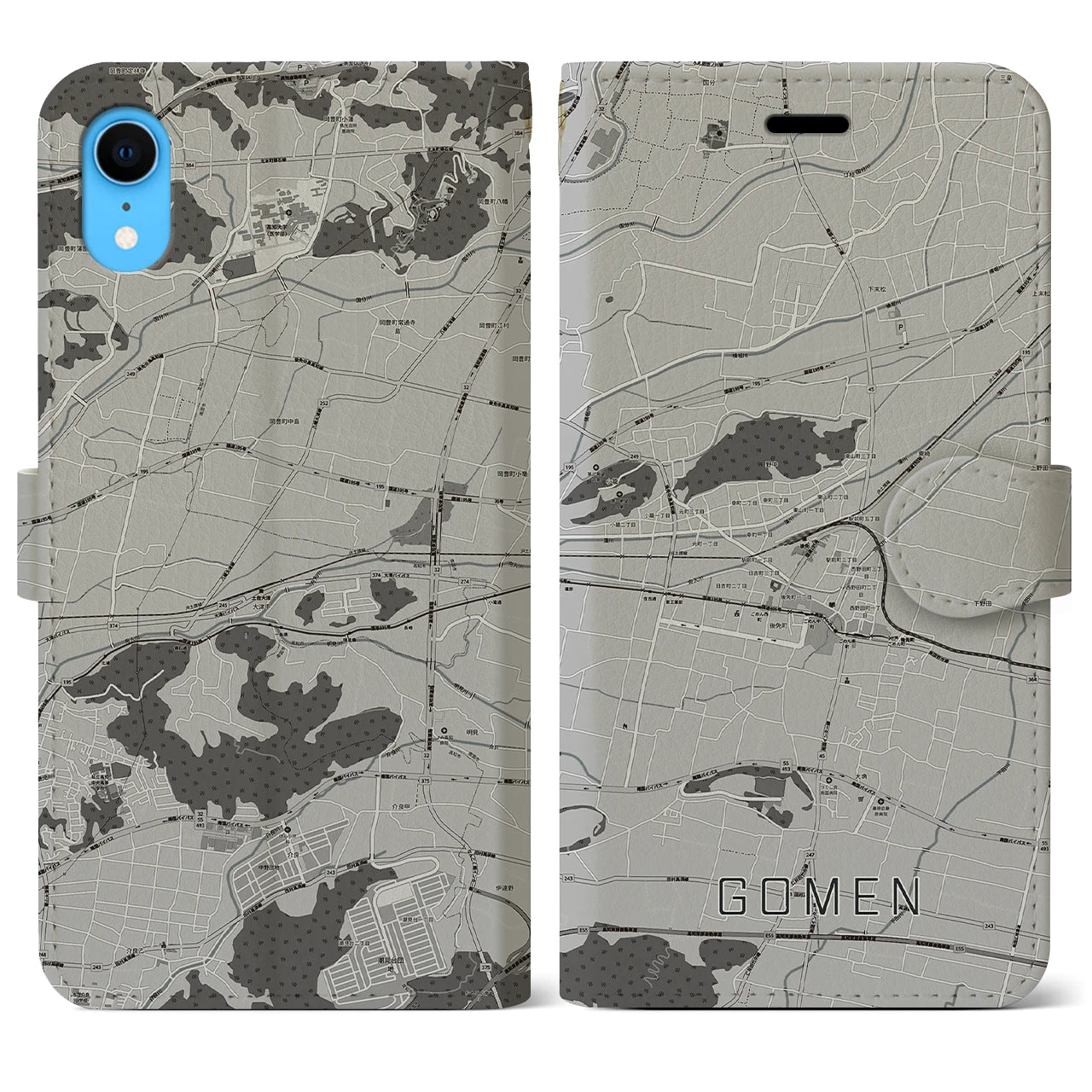 【後免(高知県)】地図柄iPhoneケース(手帳タイプ)モノトーン・iPhone XR 用