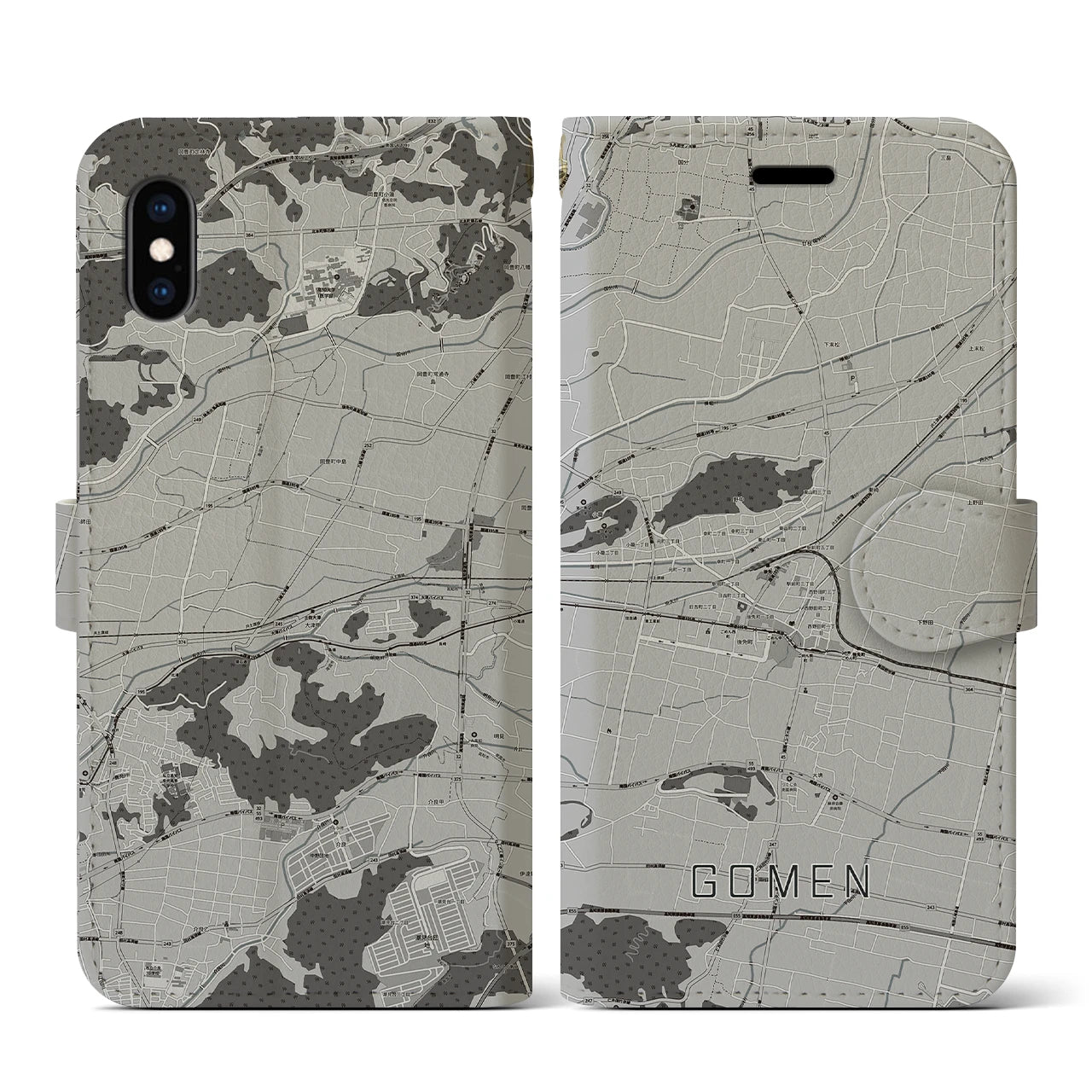 【後免(高知県)】地図柄iPhoneケース(手帳タイプ)モノトーン・iPhone XS / X 用