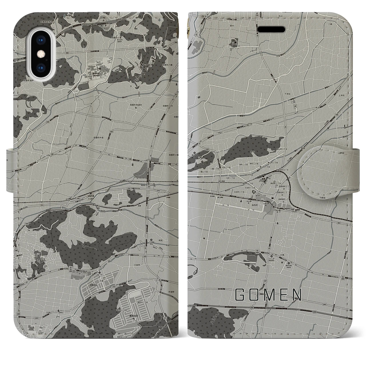 【後免(高知県)】地図柄iPhoneケース(手帳タイプ)モノトーン・iPhone XS Max 用