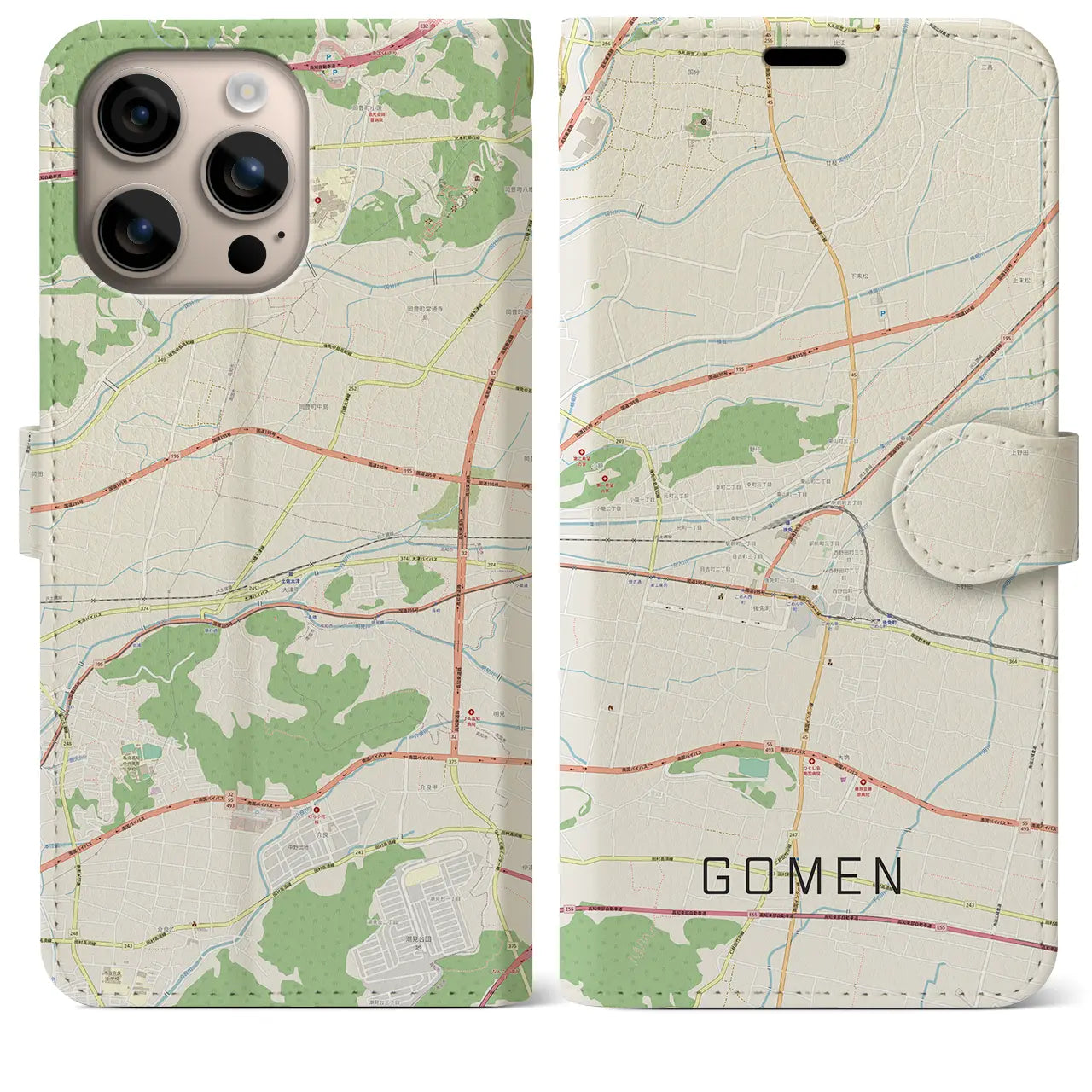 【後免(高知県)】地図柄iPhoneケース(手帳タイプ)ナチュラル・iPhone 16 Plus 用