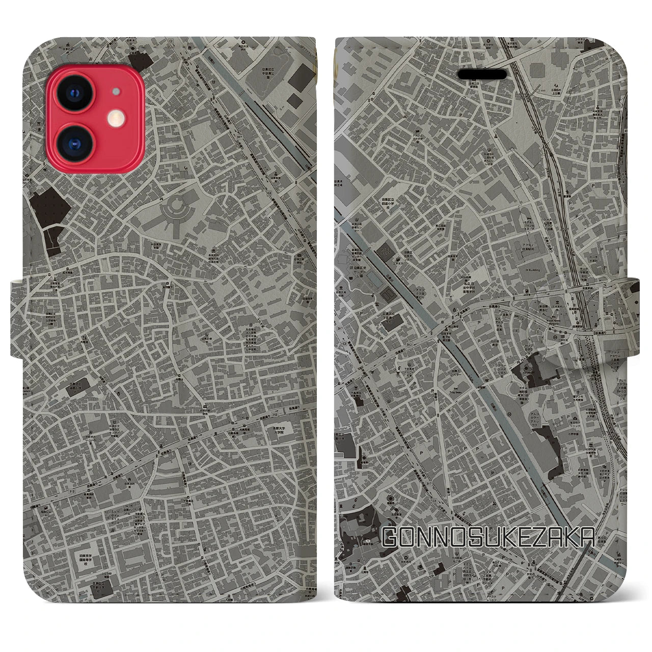 【権之助坂(東京都)】地図柄iPhoneケース(手帳タイプ)モノトーン・iPhone 11 用