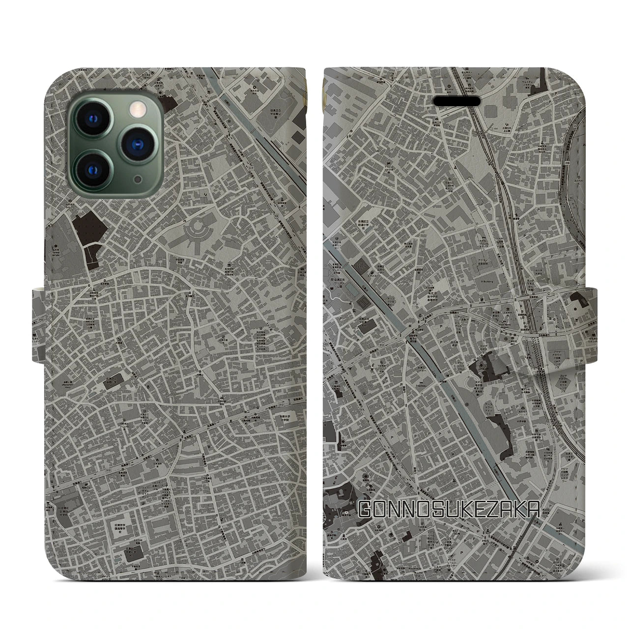 【権之助坂(東京都)】地図柄iPhoneケース(手帳タイプ)モノトーン・iPhone 11 Pro 用