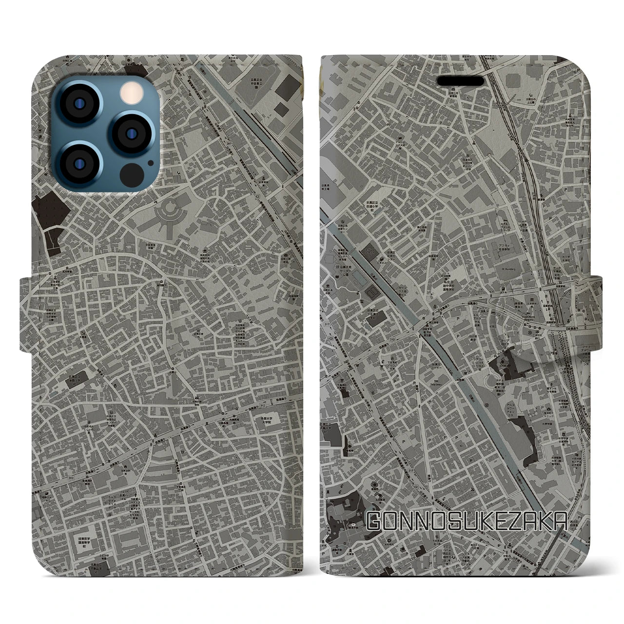 【権之助坂(東京都)】地図柄iPhoneケース(手帳タイプ)モノトーン・iPhone 12 / 12 Pro 用