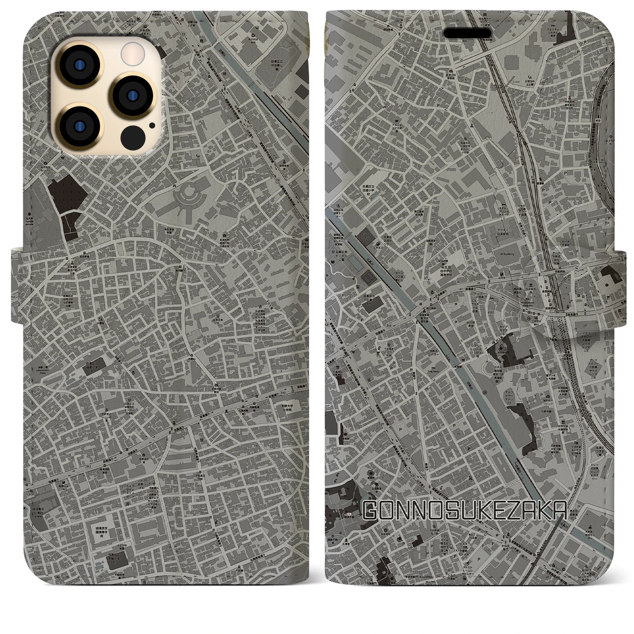 【権之助坂(東京都)】地図柄iPhoneケース(手帳タイプ)モノトーン・iPhone 12 Pro Max 用