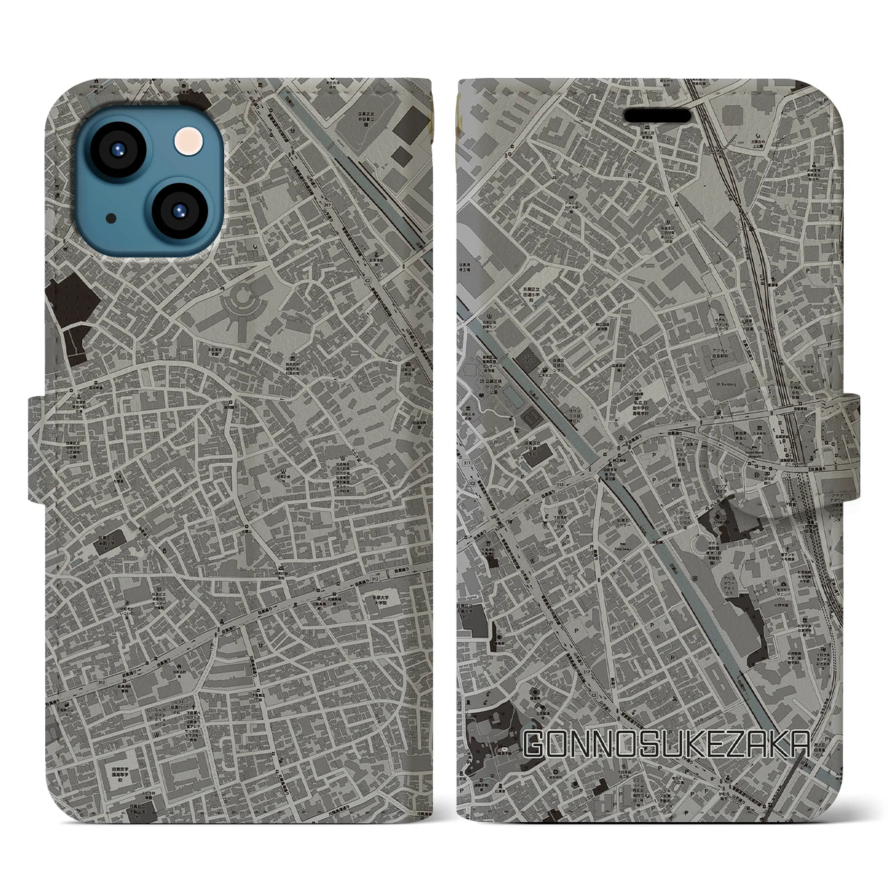 【権之助坂(東京都)】地図柄iPhoneケース(手帳タイプ)モノトーン・iPhone 13 用