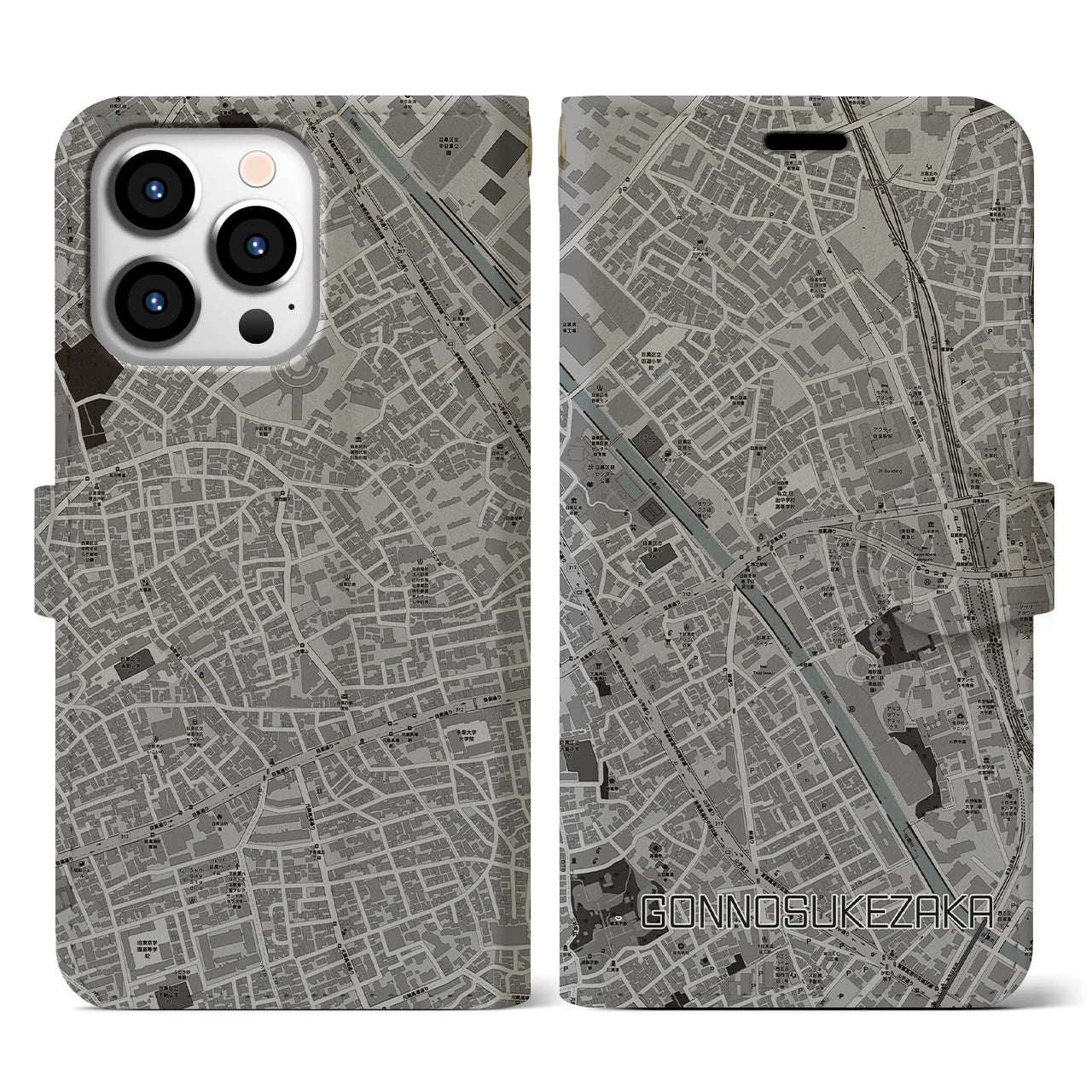 【権之助坂(東京都)】地図柄iPhoneケース(手帳タイプ)モノトーン・iPhone 13 Pro 用