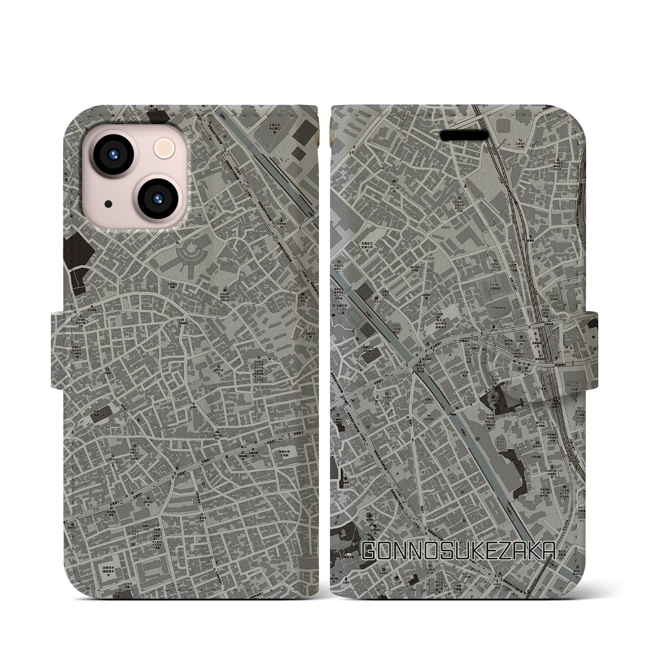 【権之助坂(東京都)】地図柄iPhoneケース(手帳タイプ)モノトーン・iPhone 13 mini 用