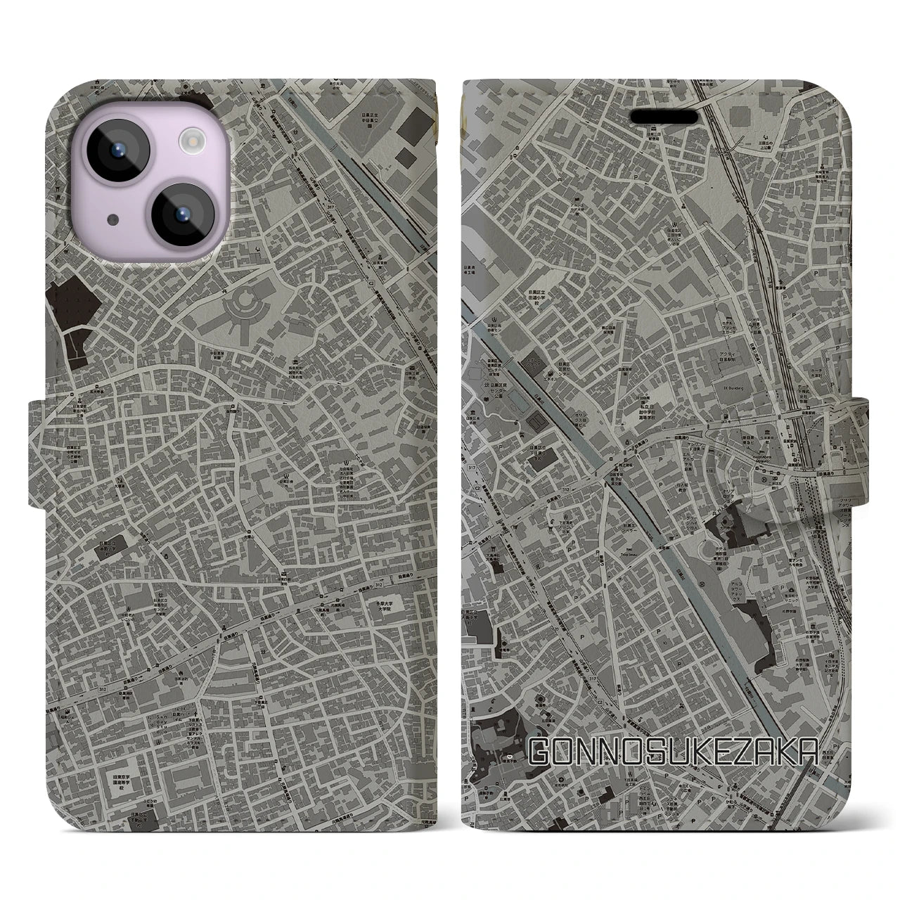 【権之助坂(東京都)】地図柄iPhoneケース(手帳タイプ)モノトーン・iPhone 14 用