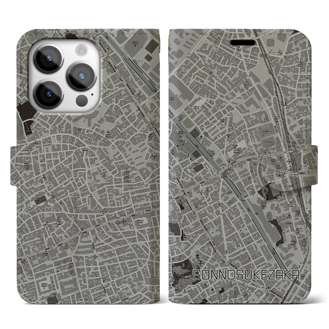 【権之助坂(東京都)】地図柄iPhoneケース(手帳タイプ)モノトーン・iPhone 14 Pro 用