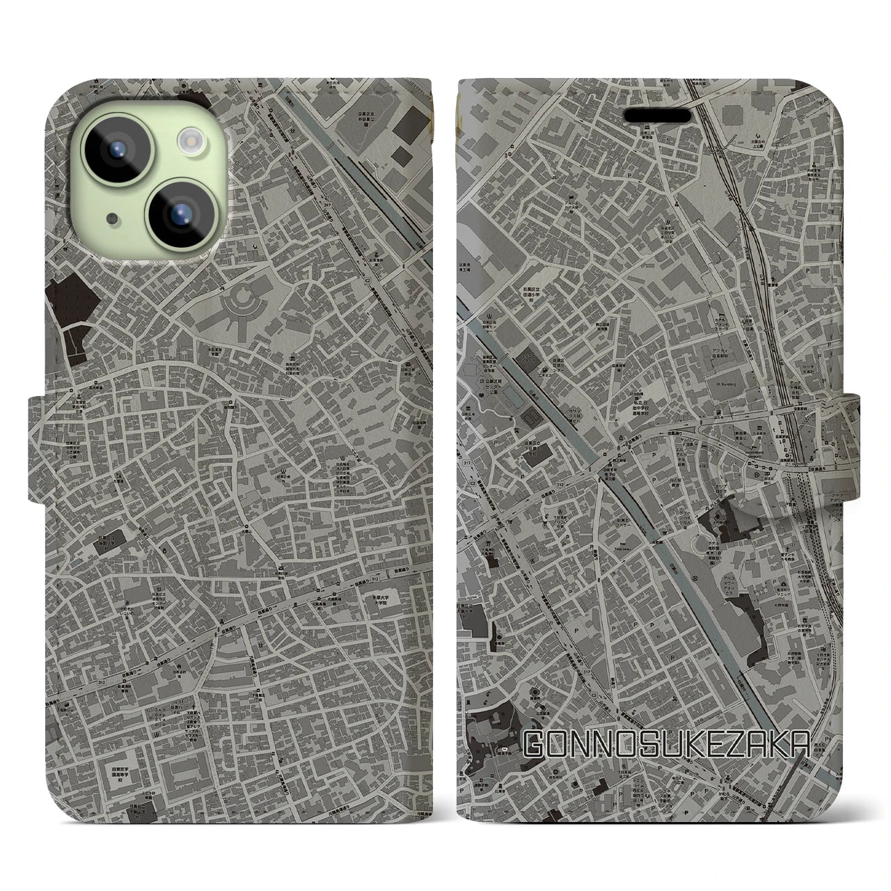 【権之助坂(東京都)】地図柄iPhoneケース(手帳タイプ)モノトーン・iPhone 15 用