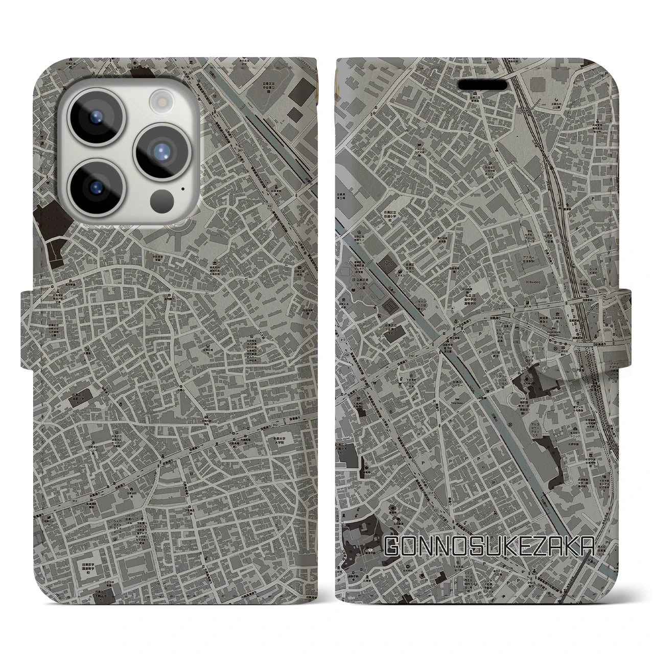 【権之助坂(東京都)】地図柄iPhoneケース(手帳タイプ)モノトーン・iPhone 15 Pro 用