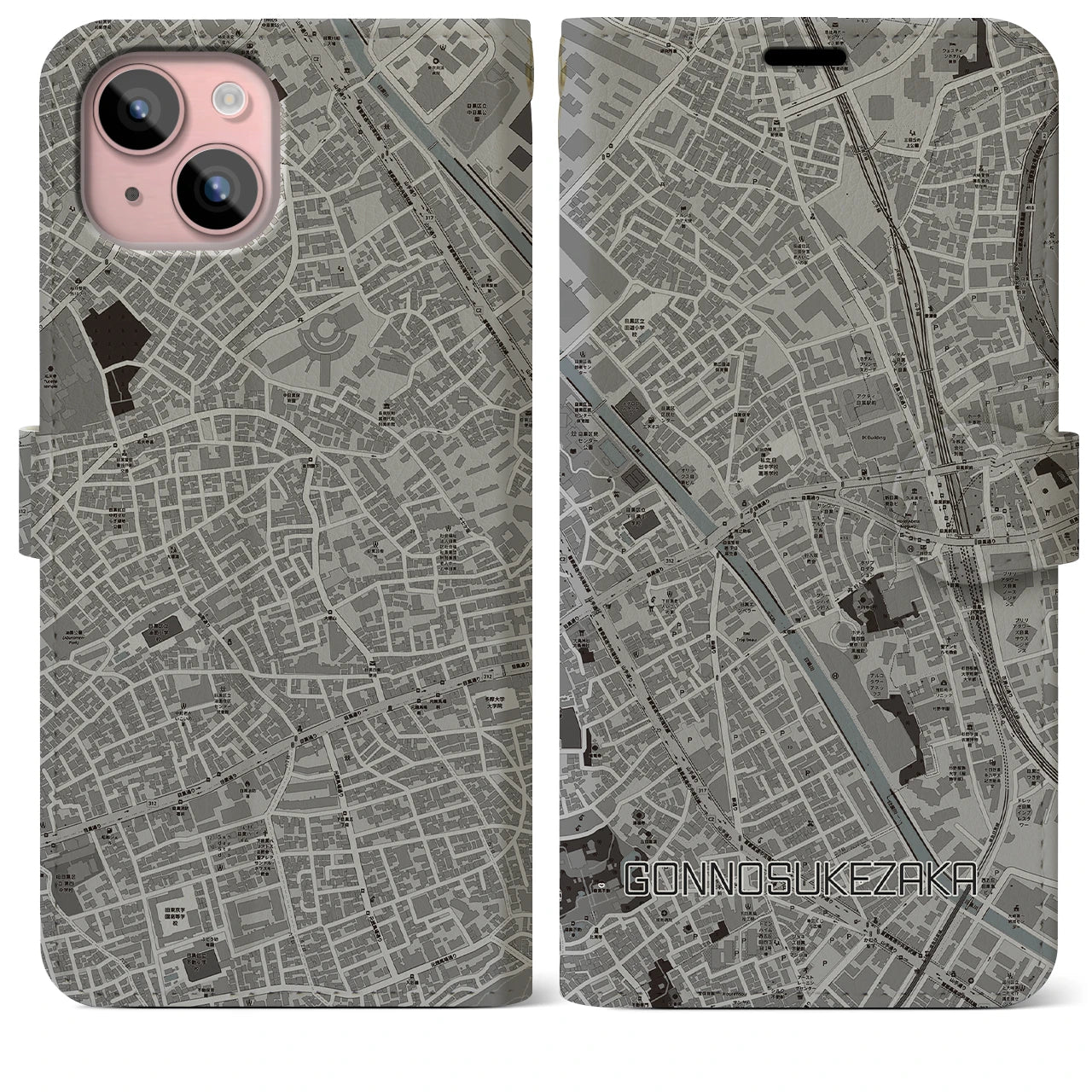 【権之助坂(東京都)】地図柄iPhoneケース(手帳タイプ)モノトーン・iPhone 15 Plus 用