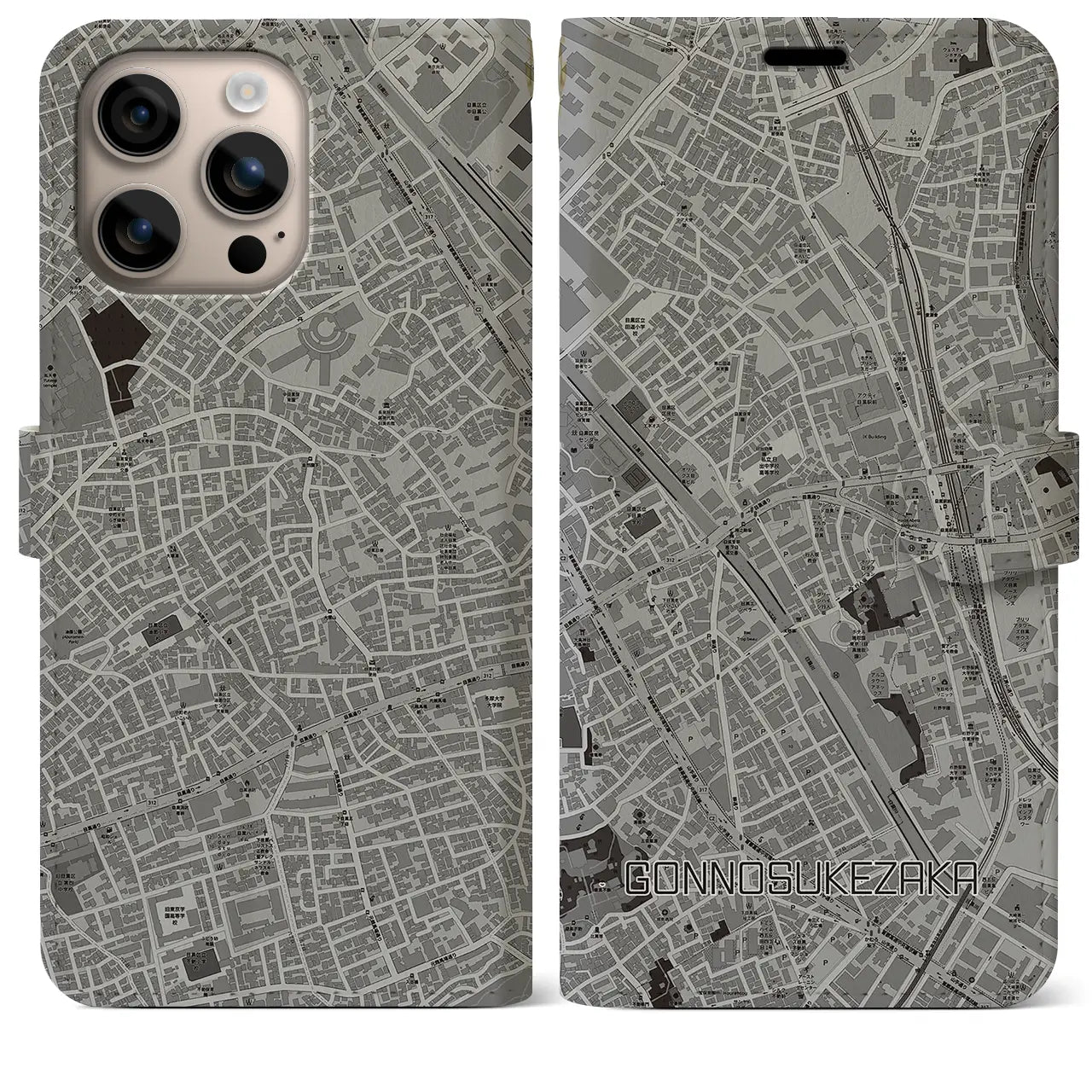 【権之助坂(東京都)】地図柄iPhoneケース(手帳タイプ)モノトーン・iPhone 16 Plus 用