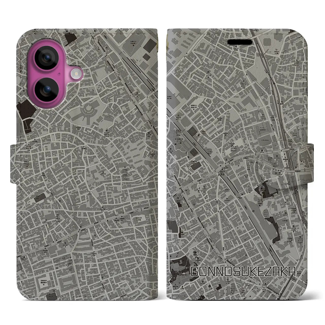 【権之助坂(東京都)】地図柄iPhoneケース(手帳タイプ)モノトーン・iPhone 16 Pro 用