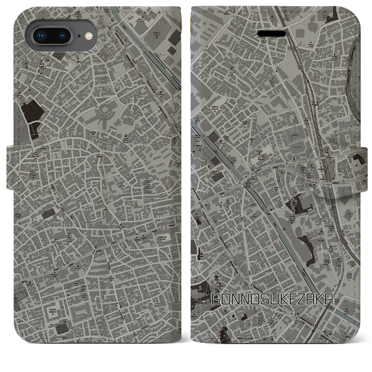 【権之助坂(東京都)】地図柄iPhoneケース(手帳タイプ)モノトーン・iPhone 8Plus /7Plus / 6sPlus / 6Plus 用