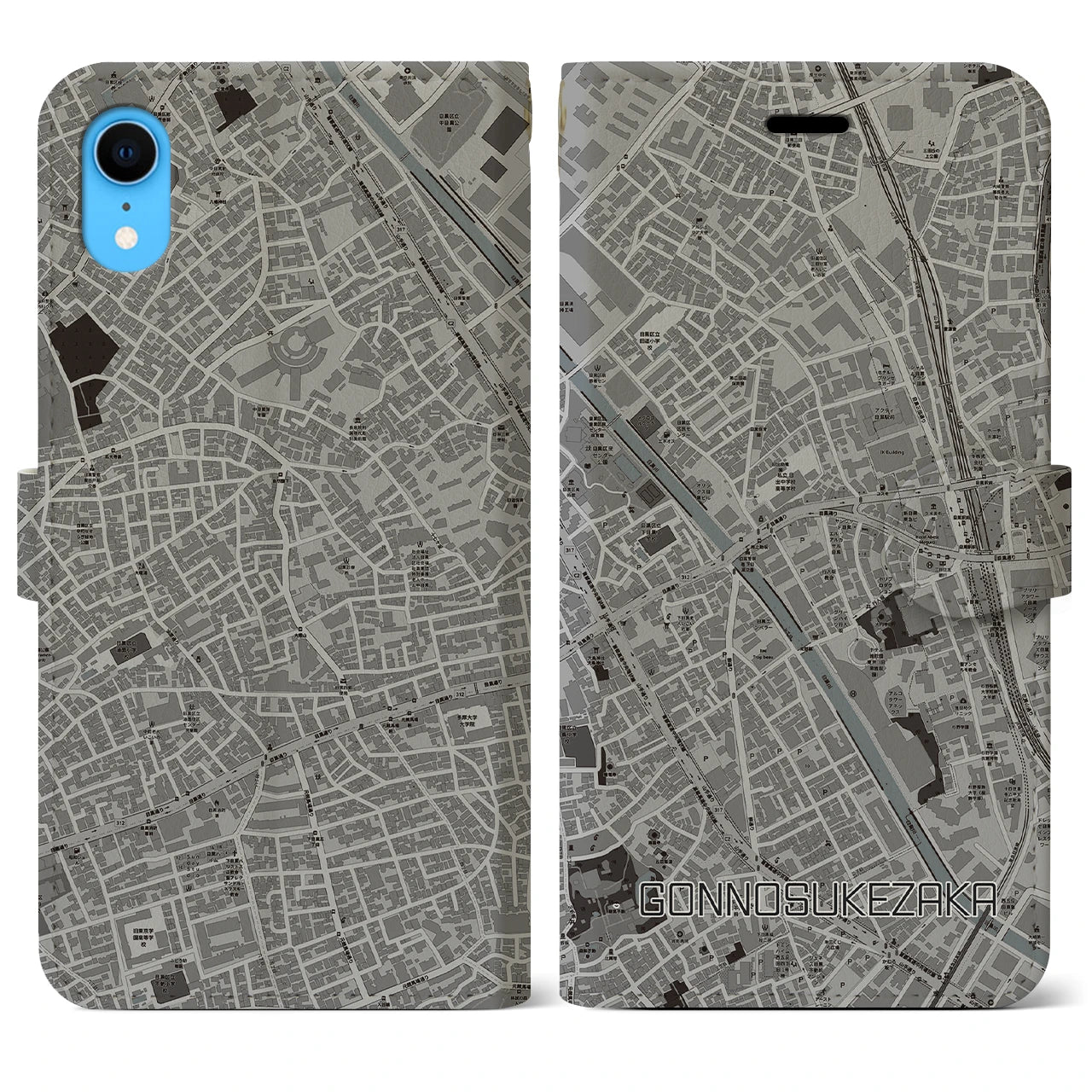 【権之助坂(東京都)】地図柄iPhoneケース(手帳タイプ)モノトーン・iPhone XR 用