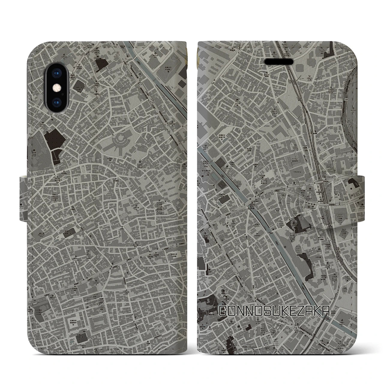 【権之助坂(東京都)】地図柄iPhoneケース(手帳タイプ)モノトーン・iPhone XS / X 用