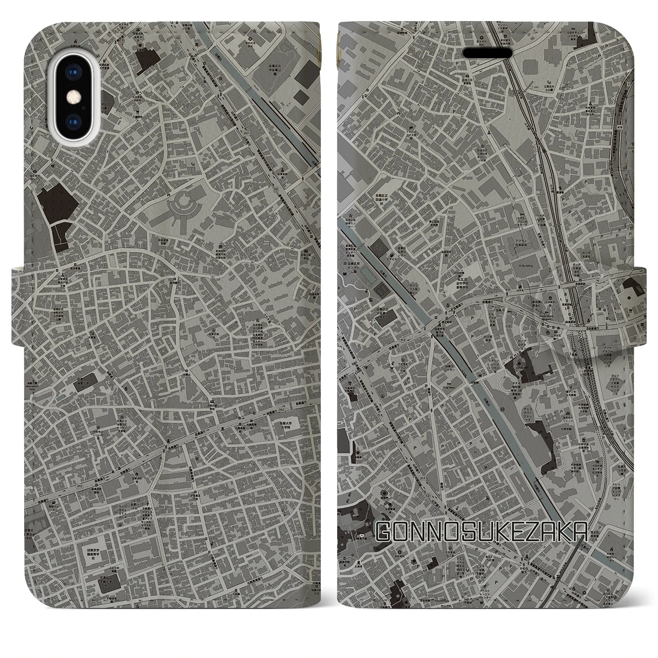 【権之助坂(東京都)】地図柄iPhoneケース(手帳タイプ)モノトーン・iPhone XS Max 用