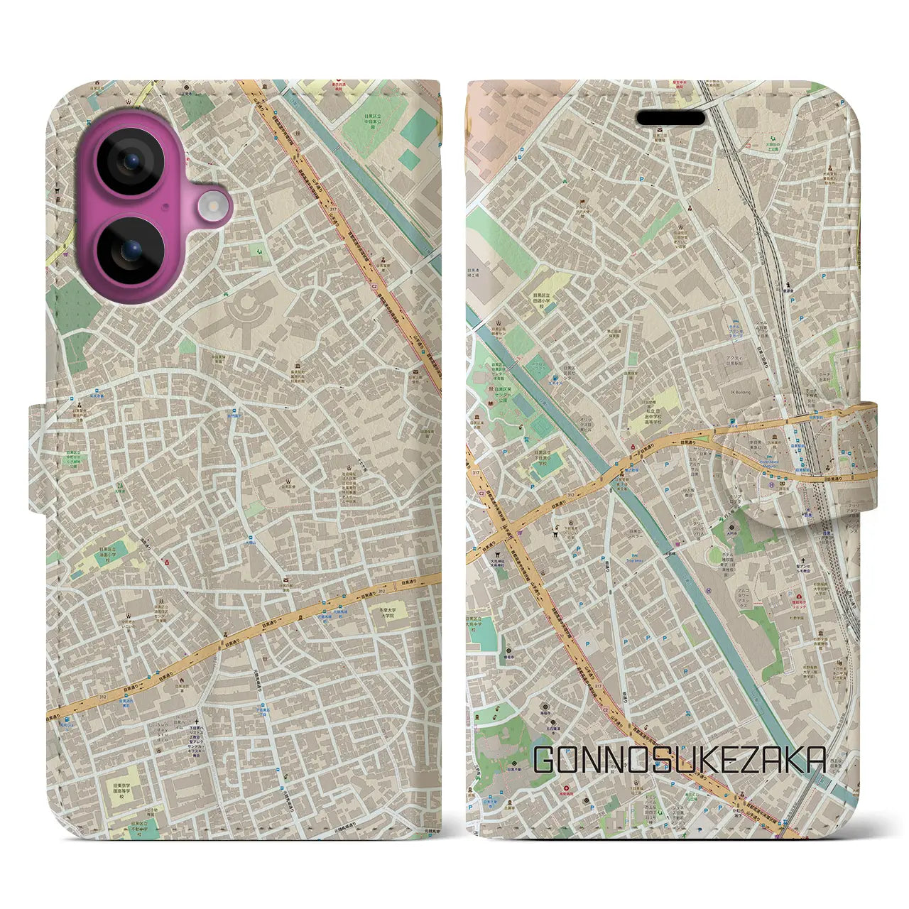 【権之助坂(東京都)】地図柄iPhoneケース(手帳タイプ)ナチュラル・iPhone 16 Pro 用