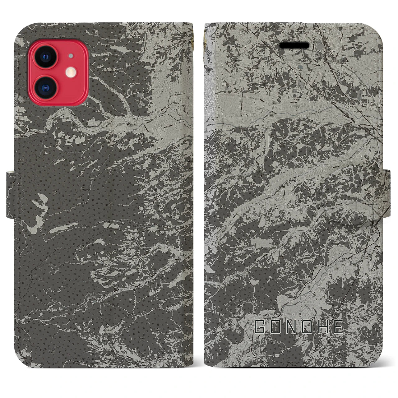 【五戸(青森県)】地図柄iPhoneケース(手帳タイプ)モノトーン・iPhone 11 用