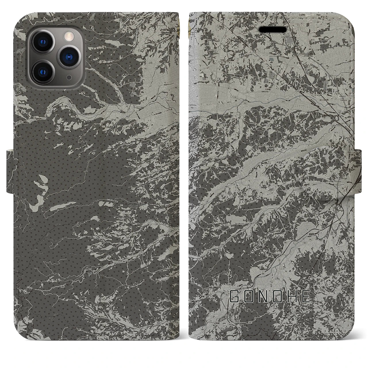 【五戸(青森県)】地図柄iPhoneケース(手帳タイプ)モノトーン・iPhone 11 Pro Max 用