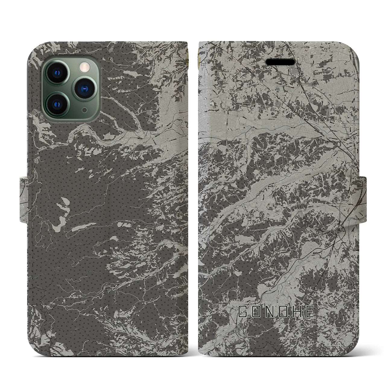 【五戸(青森県)】地図柄iPhoneケース(手帳タイプ)モノトーン・iPhone 11 Pro 用