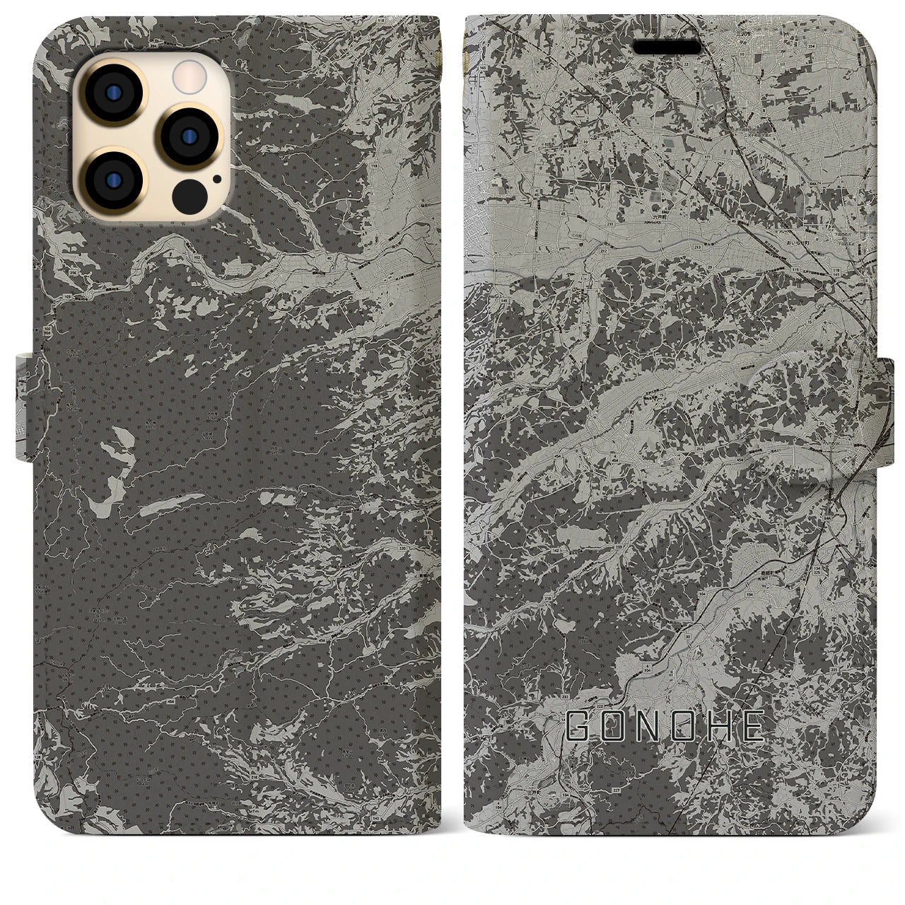 【五戸(青森県)】地図柄iPhoneケース(手帳タイプ)モノトーン・iPhone 12 Pro Max 用