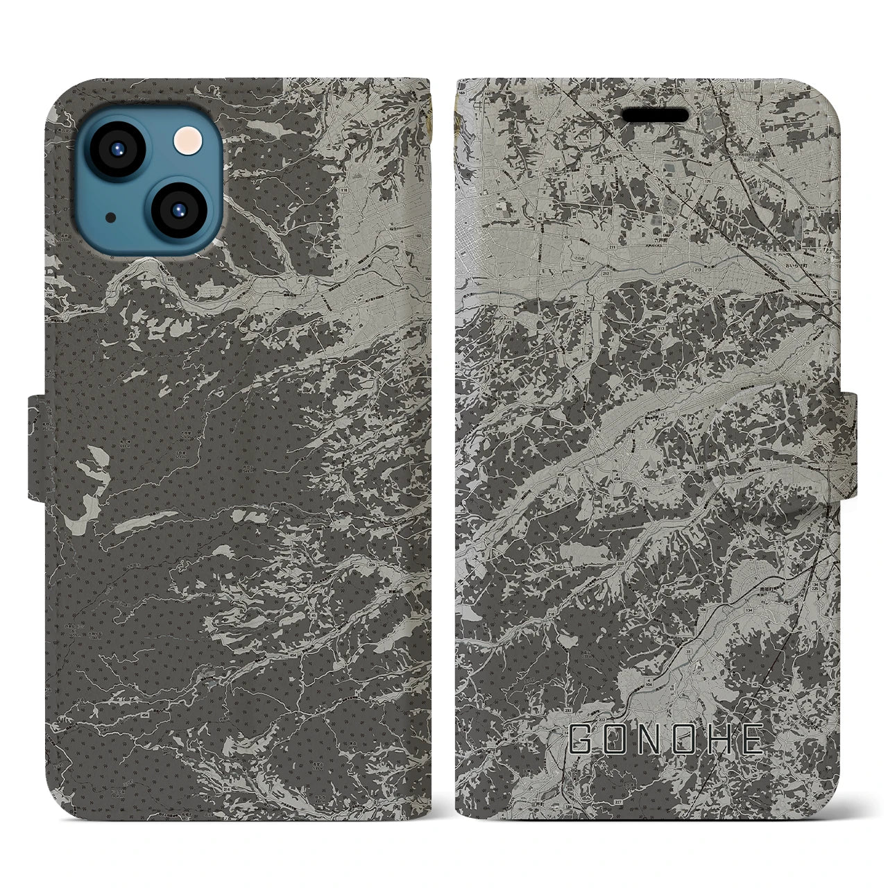 【五戸(青森県)】地図柄iPhoneケース(手帳タイプ)モノトーン・iPhone 13 用